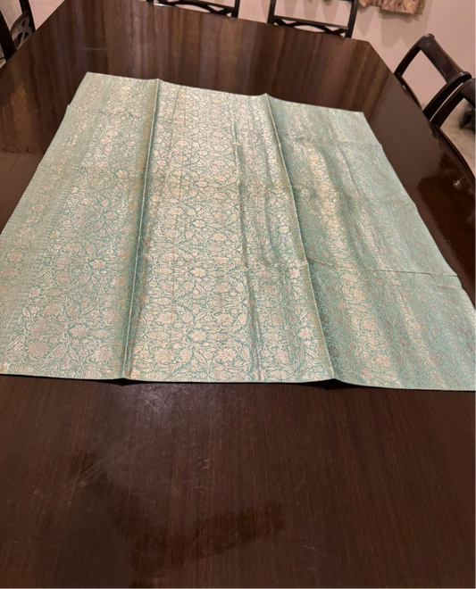 Silver Green Benarasi Brocade Table Runner - 32x37 inch