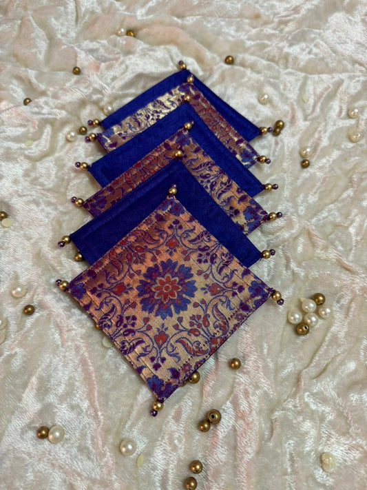 Benarasi Silk Table Runner with 6 Coasters - Multicolor Handcrafted Set