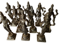 A bronze statue from Saanskrityam Handicraft Store depicting the Dasavataaram, including Rama, Krishna, Narasimha, and Varahaswamy with Goddess Lakshmi seated underneath a decorative umbrella featuring intricate designs. The piece is set on a textured square base against a dark blue background.