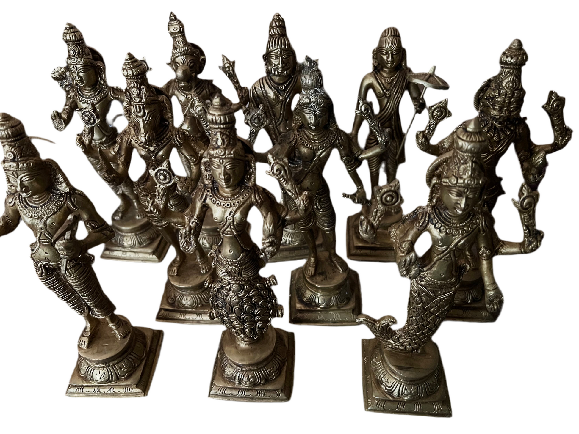 A bronze statue from Saanskrityam Handicraft Store depicting the Dasavataaram, including Rama, Krishna, Narasimha, and Varahaswamy with Goddess Lakshmi seated underneath a decorative umbrella featuring intricate designs. The piece is set on a textured square base against a dark blue background.