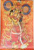 This Kerala Mural painting digital print on canvas from Saanskrityam Handicraft Store features a vivid and intricate depiction of a blue-skinned deity playing a flute, embellished with elaborate jewelry and attire. Alongside stands another figure holding a pot, while two deer at the bottom together create a tranquil Radha and Krishna scene amidst rich decorative patterns.