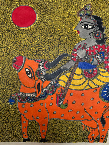 Krishna and the Holy Cow.Original Madhubani painting by Award winning artist Bharti Dayal