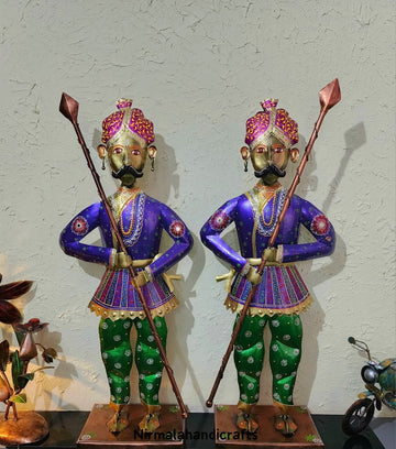 Life-Size Rajasthani Doormen Metal Art Statues - Traditional Bodyguard Pair
