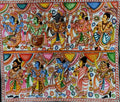 A vibrant leather artwork from the Saanskrityam Handicraft Store in India, depicting a colorful scene with several figures in traditional attire, adorned with intricate designs and patterns. The piece features musicians and dancers celebrating in a lively, festive atmosphere, reminiscent of Ganesha paintings.