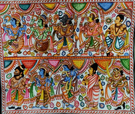 A vibrant leather artwork from the Saanskrityam Handicraft Store in India, depicting a colorful scene with several figures in traditional attire, adorned with intricate designs and patterns. The piece features musicians and dancers celebrating in a lively, festive atmosphere, reminiscent of Ganesha paintings.