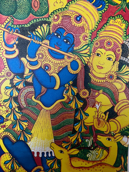 This Kerala Mural painting digital print on canvas from Saanskrityam Handicraft Store features a vivid and intricate depiction of a blue-skinned deity playing a flute, embellished with elaborate jewelry and attire. Alongside stands another figure holding a pot, while two deer at the bottom together create a tranquil Radha and Krishna scene amidst rich decorative patterns.