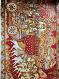 This Kerala Mural painting digital print on canvas from Saanskrityam Handicraft Store features a vivid and intricate depiction of a blue-skinned deity playing a flute, embellished with elaborate jewelry and attire. Alongside stands another figure holding a pot, while two deer at the bottom together create a tranquil Radha and Krishna scene amidst rich decorative patterns.