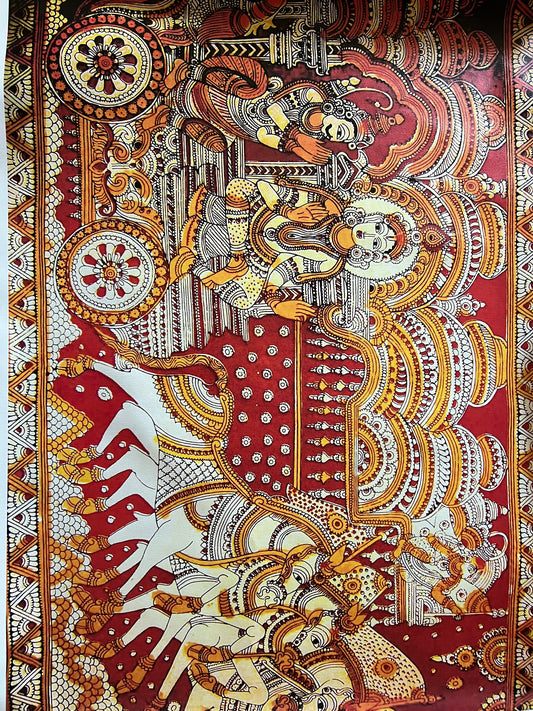 This Kerala Mural painting digital print on canvas from Saanskrityam Handicraft Store features a vivid and intricate depiction of a blue-skinned deity playing a flute, embellished with elaborate jewelry and attire. Alongside stands another figure holding a pot, while two deer at the bottom together create a tranquil Radha and Krishna scene amidst rich decorative patterns.