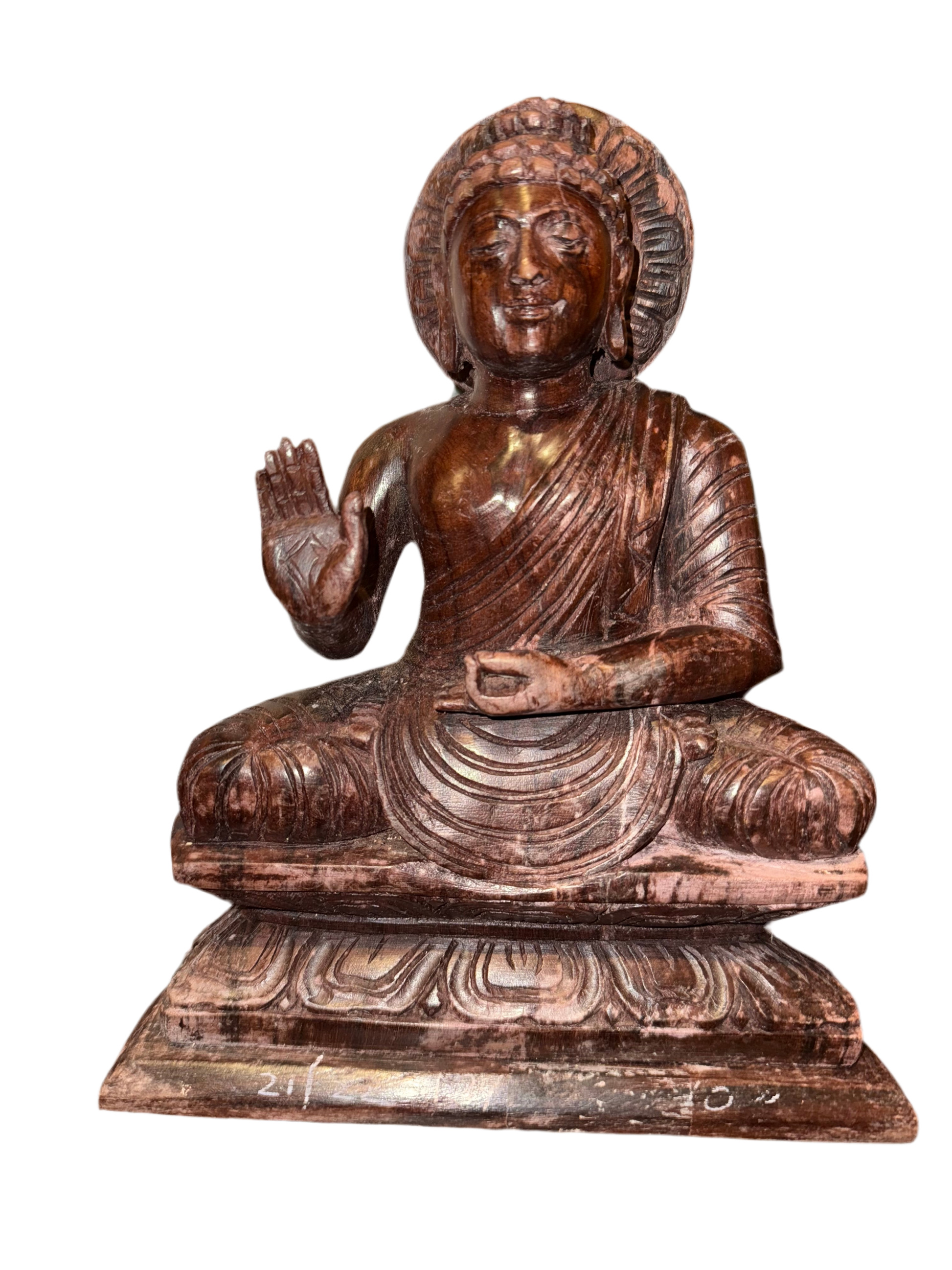 A serene Buddha statue from the Saanskrityam Handicraft Store's Buddha Dharma collection elegantly holds a bowl in its lap. Featuring intricate hair curls, elongated ears, and a flame-like ornament atop its head, this piece enhances any Buddha collection. It stands gracefully on a round, decorated base.