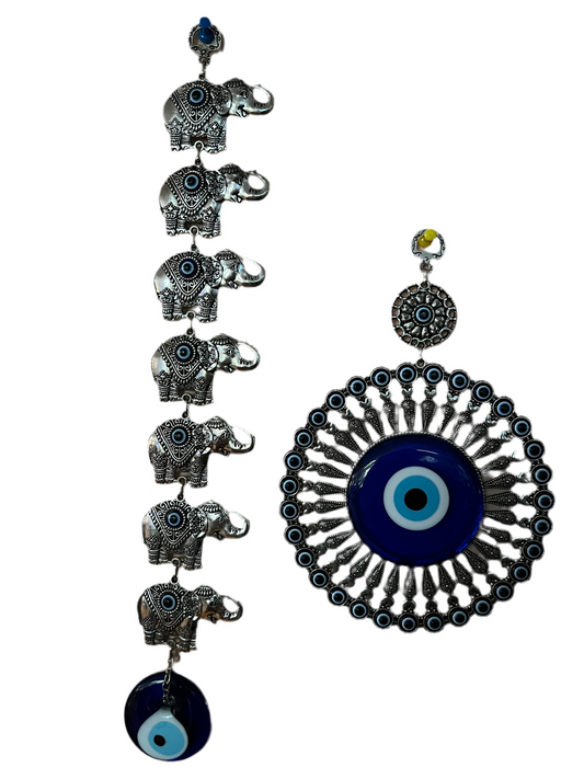 The "Türkiye Treasures" pendant from Saanskrityam Handicraft Store showcases a large decorative blue eye, also referred to as an evil eye warder. It is adorned with intricate metal detailing and smaller blue eye motifs encircling a circular frame, inspired by traditional Turkish designs. The pendant features an ornate hanger at the top for added elegance.