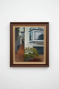 A painting depicting a San Francisco homefront scene, featuring a house with a tree in front and a set of stairs leading up to it.