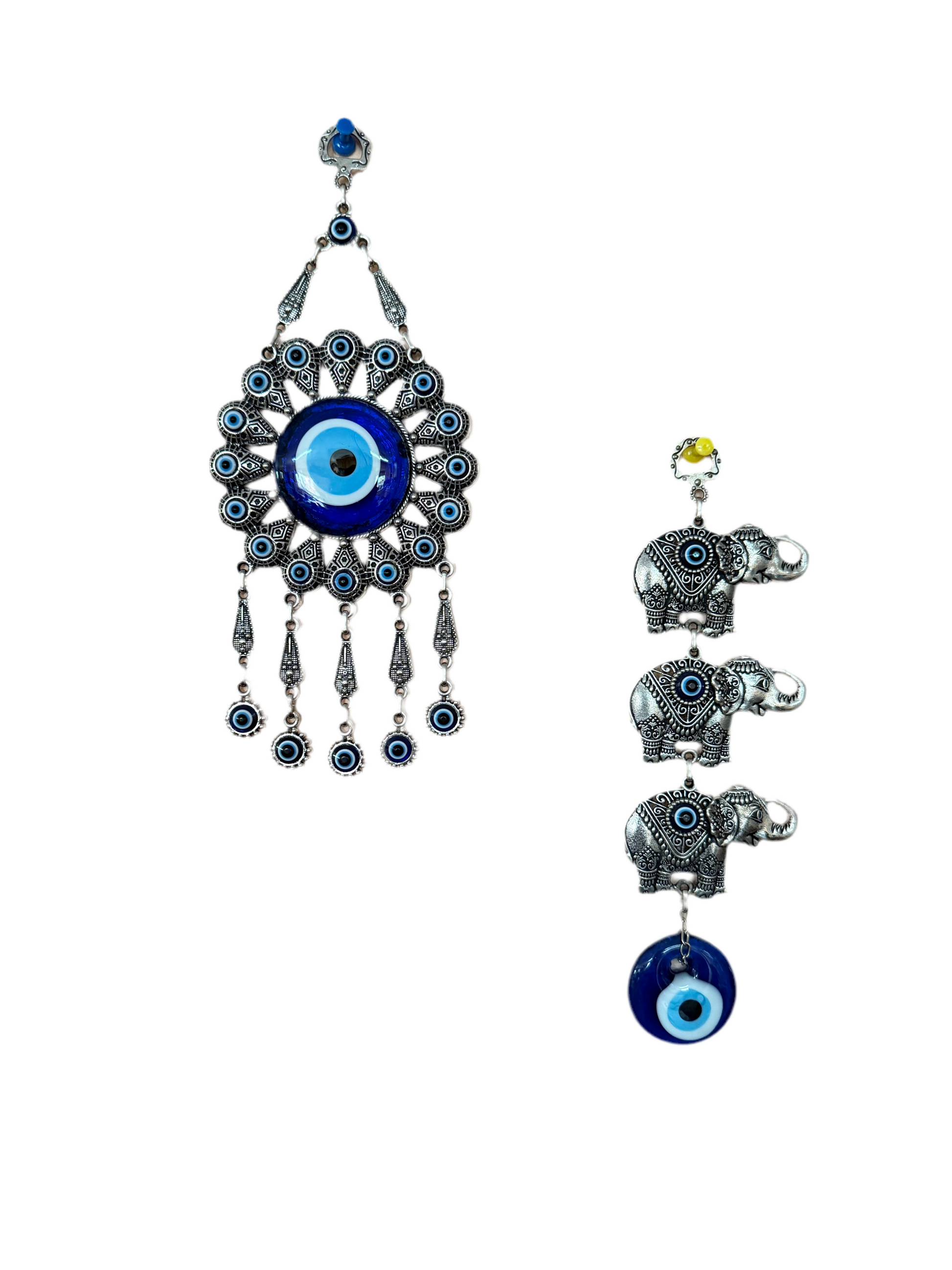 The "Türkiye Treasures" pendant from Saanskrityam Handicraft Store showcases a large decorative blue eye, also referred to as an evil eye warder. It is adorned with intricate metal detailing and smaller blue eye motifs encircling a circular frame, inspired by traditional Turkish designs. The pendant features an ornate hanger at the top for added elegance.