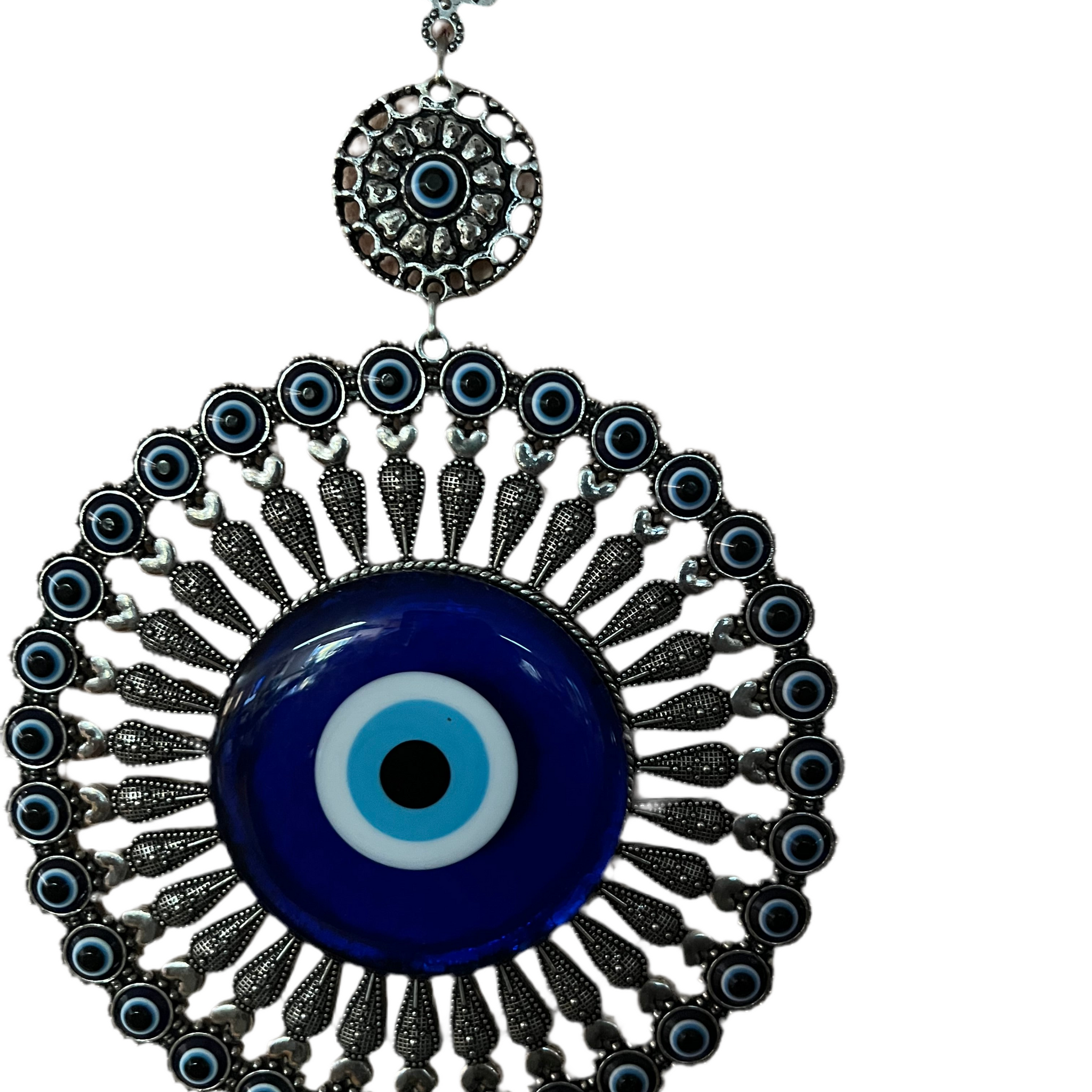 The "Türkiye Treasures" pendant from Saanskrityam Handicraft Store showcases a large decorative blue eye, also referred to as an evil eye warder. It is adorned with intricate metal detailing and smaller blue eye motifs encircling a circular frame, inspired by traditional Turkish designs. The pendant features an ornate hanger at the top for added elegance.