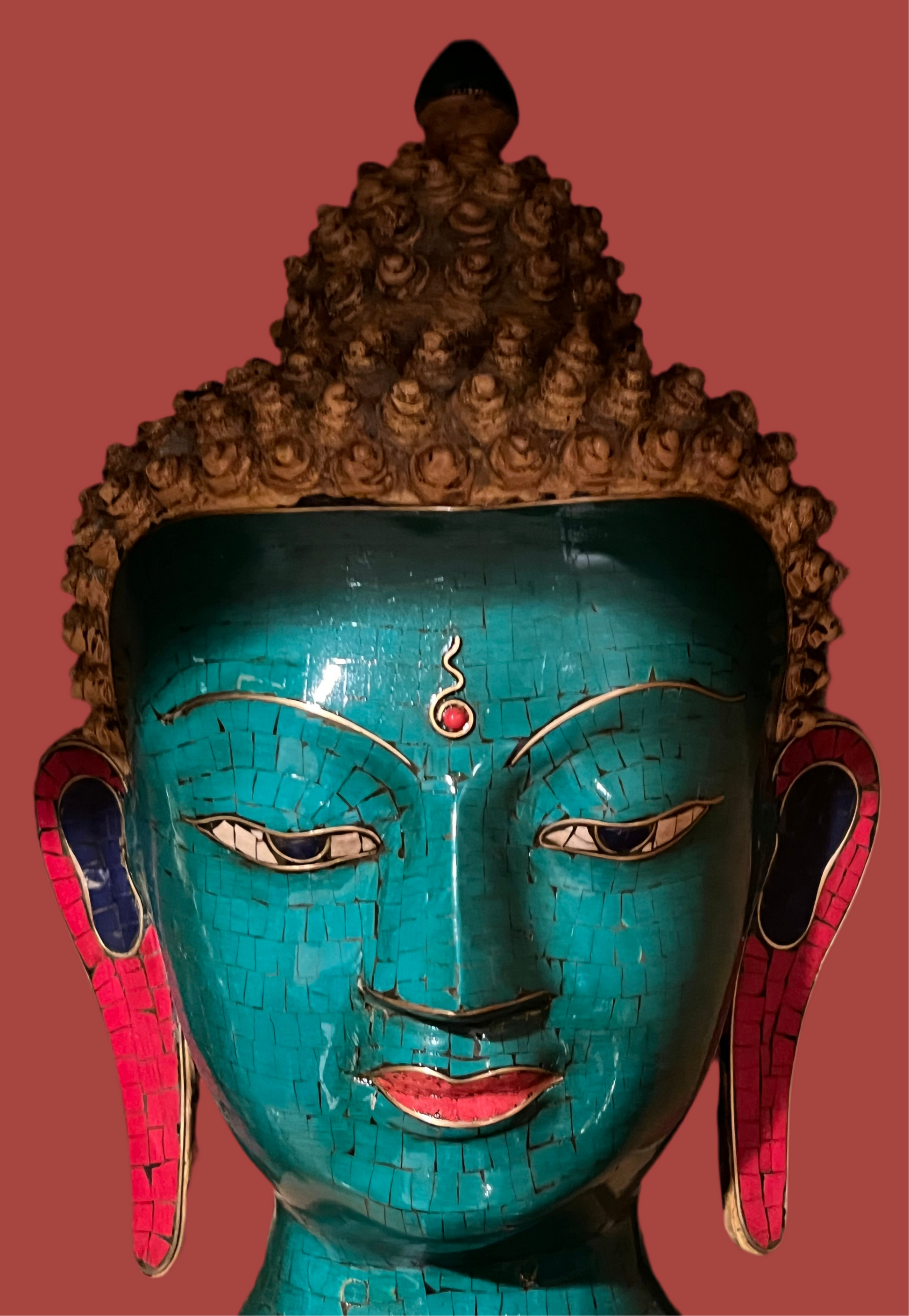 A serene Buddha statue from the Saanskrityam Handicraft Store's Buddha Dharma collection elegantly holds a bowl in its lap. Featuring intricate hair curls, elongated ears, and a flame-like ornament atop its head, this piece enhances any Buddha collection. It stands gracefully on a round, decorated base.