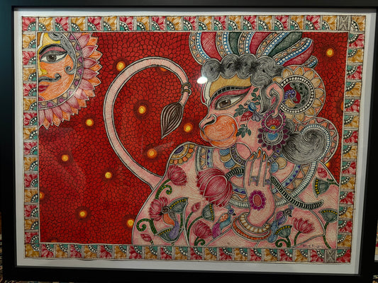 Original Madhubani Painting - Hanuman and the Sun by Raj Karn - 30 by 22 inches