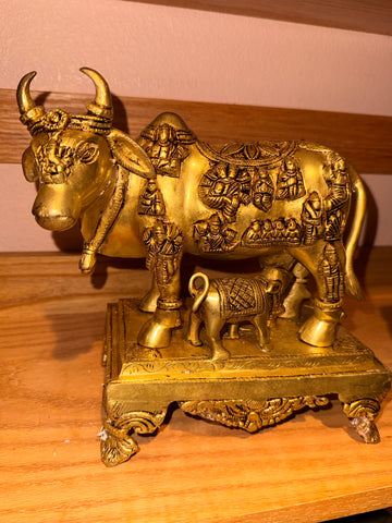 9 inch Kamadhenu bronze, heavenly cow with calf