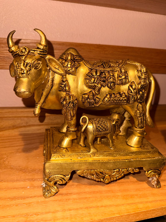 9 inch Kamadhenu bronze, heavenly cow with calf