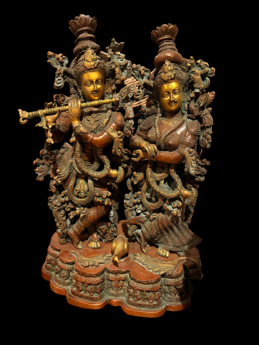 Radha Krishna Bronze Statue, 30 Inch Large Copper Hue Finish