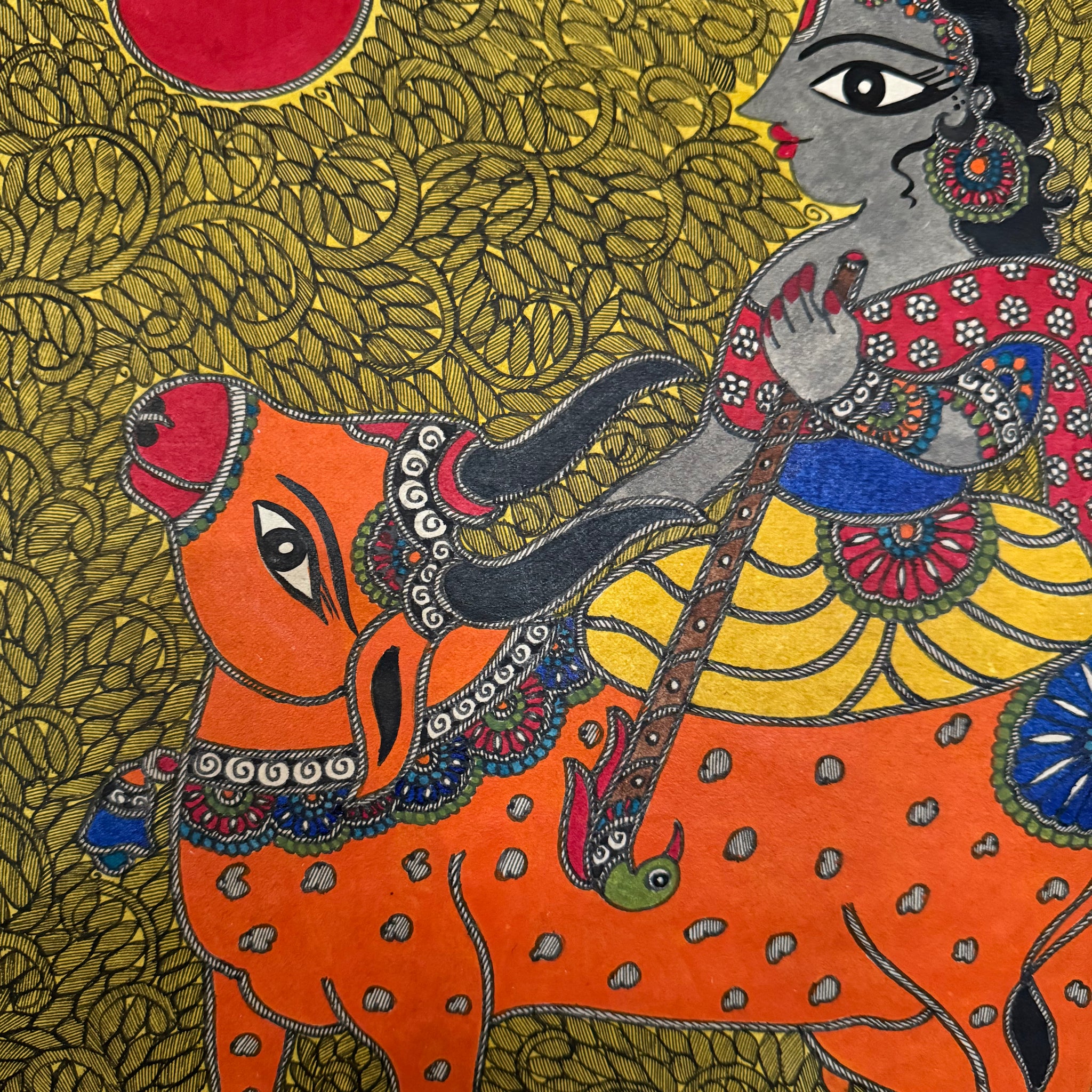 Krishna and the Holy Cow.Original Madhubani painting by Award winning artist Bharti Dayal