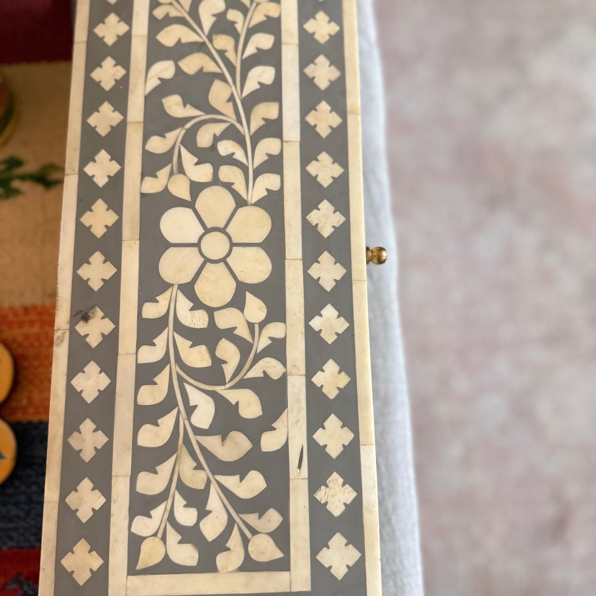 Jewel box marble and camel bone dust and resin inlay work on wood base . Stunning Rajasthani art work