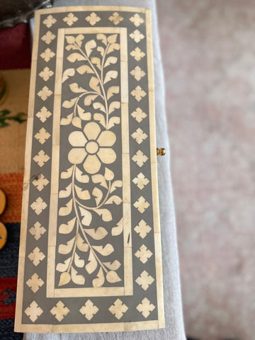 Jewel box marble and camel bone dust and resin inlay work on wood base . Stunning Rajasthani art work
