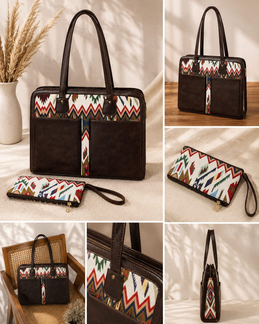 Handcrafted Indian Textile Laptop Bag with Leather Trim & Wristlet