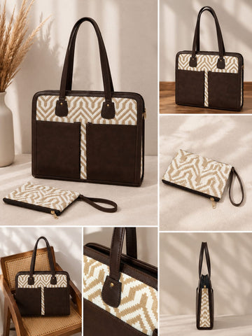 Handcrafted Indian Textile Laptop Bag with Leather Trim & Wristlet