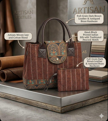 Handcrafted Indian Jute & Silk Tote Handbag with Peacock Motifs