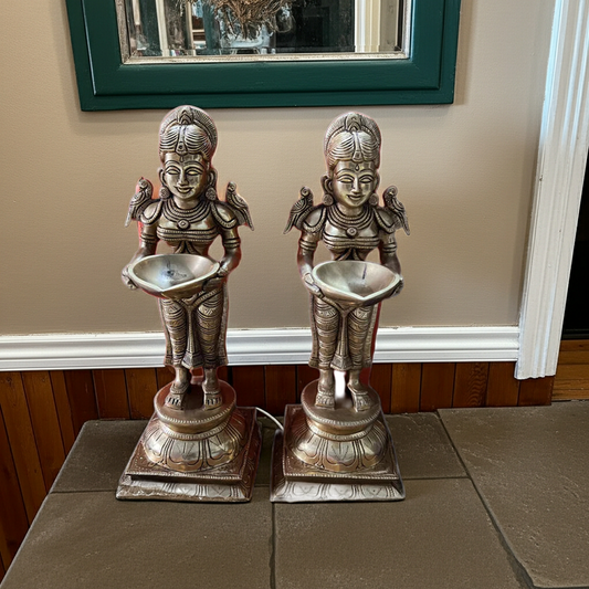 A pair of heavy 13 inch Deepa Lakshmi lamps