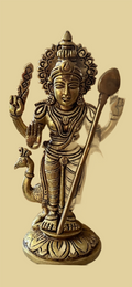 a beautiful textured bronze with minute detailing of Lord Kartikeya's weapons including the Vel or trisoolam, his peacock vehicle or vahana . Kartikeya is the giver of courage and prosperity