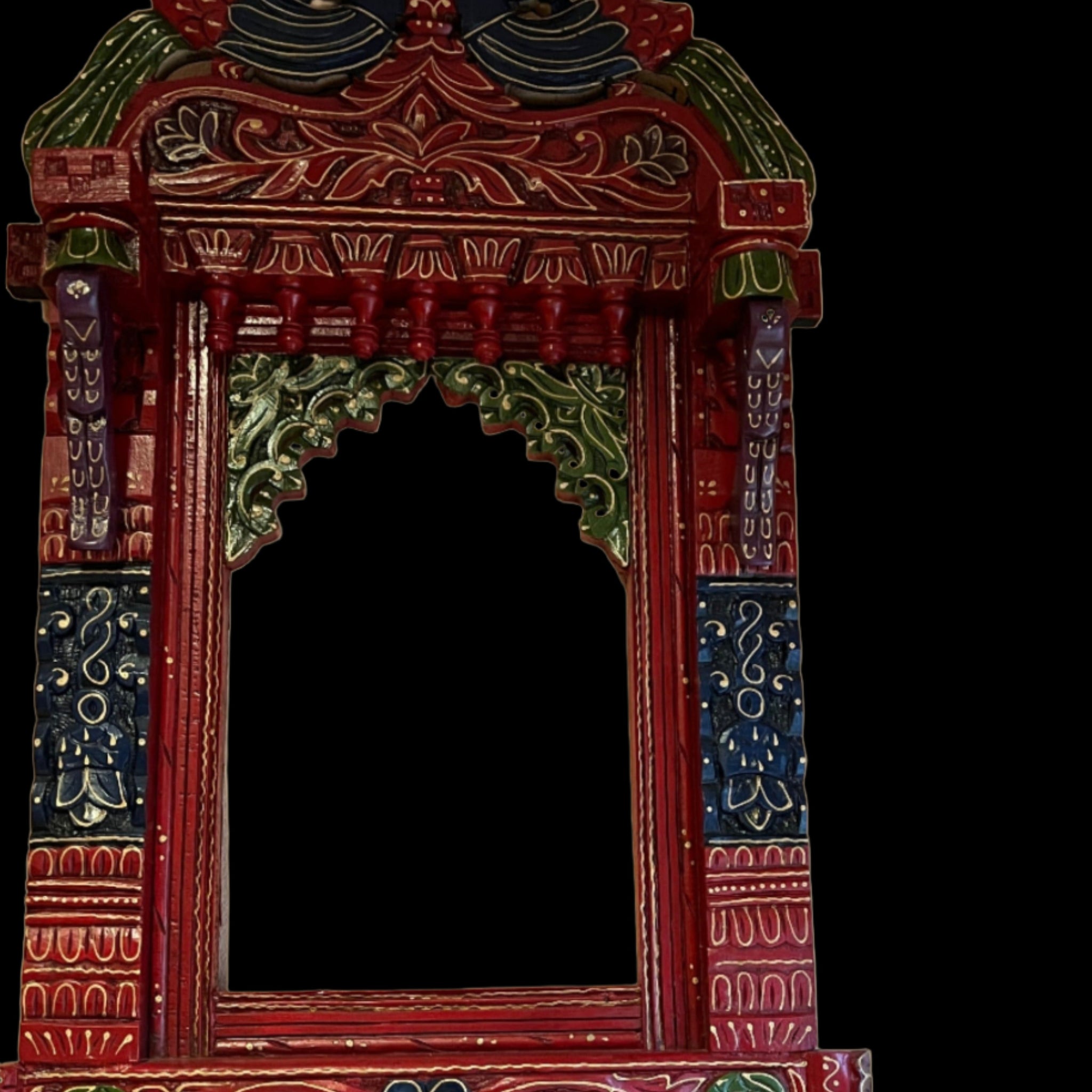 Gorgeous red and green wood window ,rajasthani royal motif ,peacock design ,large 3 feet by 2 feet ,weighs 4 kg