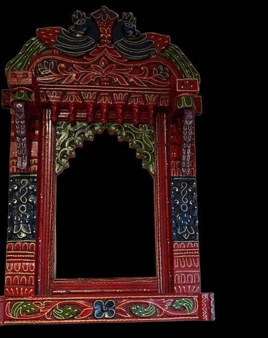 Gorgeous red and green wood window ,rajasthani royal motif ,peacock design ,large 3 feet by 2 feet ,weighs 4 kg