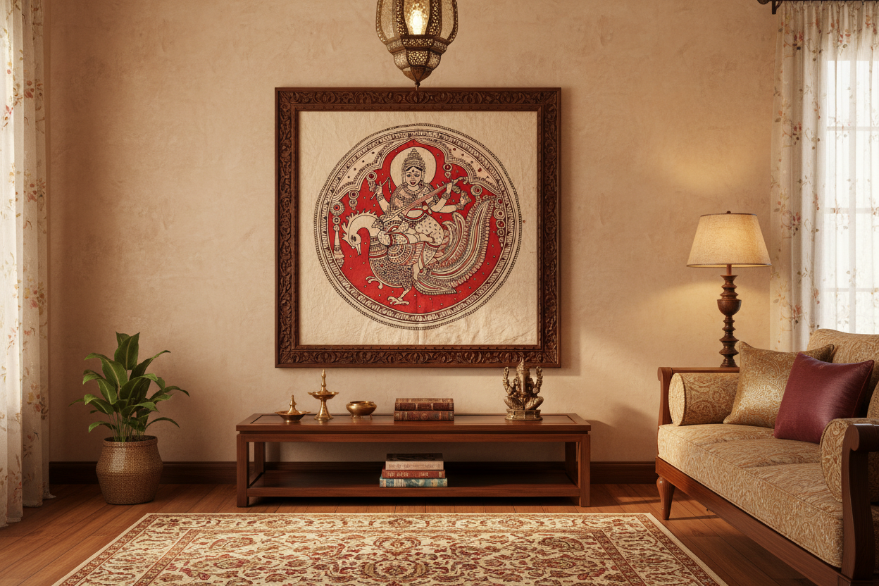 Kalamkari painting of Goddess Saraswati displayed as framed wall art in an elegant Indian-inspired living room