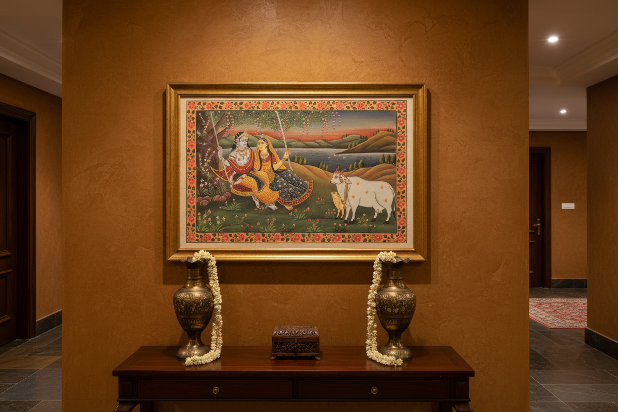 Radha Krishna on Swing Hindola Pichwai painting displayed above console in an elegant Indian hallway