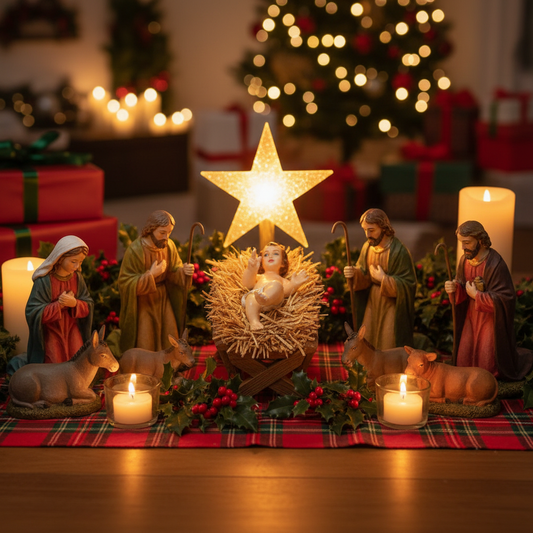 Handcrafted paper mache Baby Jesus figurine in a wooden manger with hay, holly berries and warm candlelight in a Christmas nativity setting