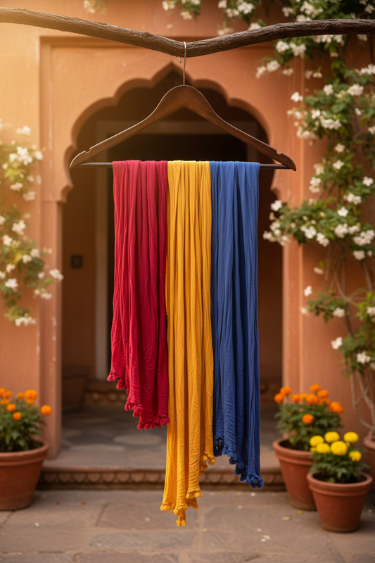 Three vibrant Indian dupattas in crimson red, saffron yellow and royal blue draped over a wooden hanger in a sunlit Indian courtyard