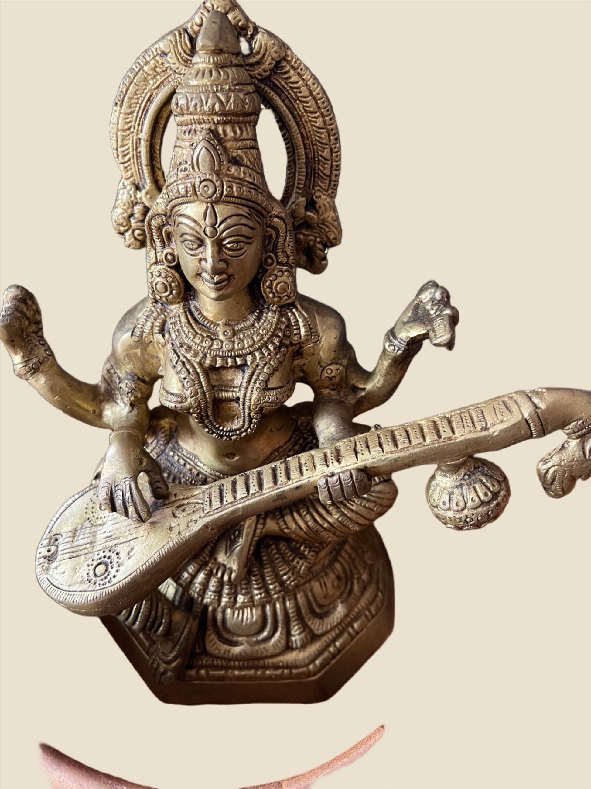 bronze saraswathi with veena, Tamilnadu,india,the detailing is exquisite,large crown, beautiful jewellery ,and pedestal carving,out of this world,divine Goddess of Knowledge