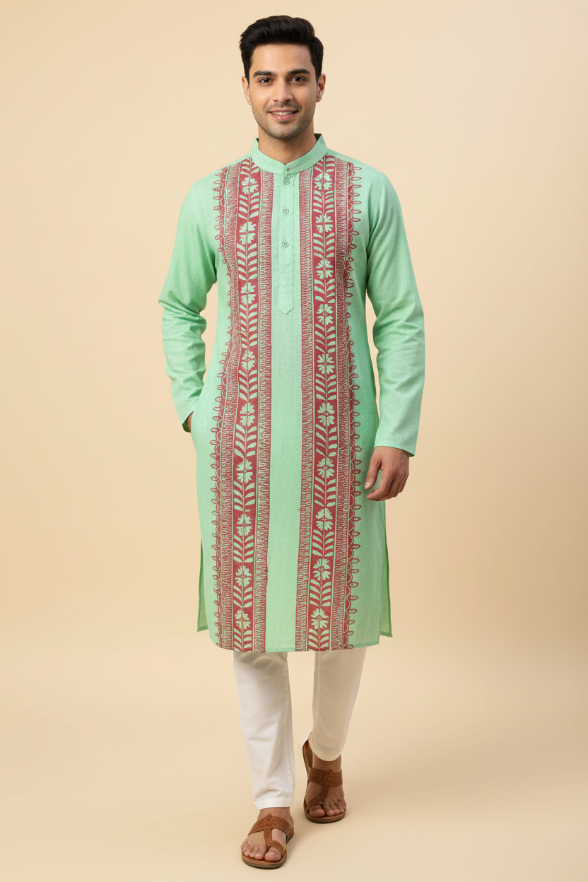 Madhubani Cotton Kurta - mint green with vertical red stripes