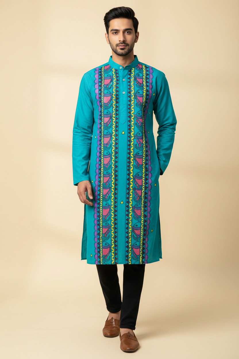 Madhubani Cotton Kurta - teal with vertical fish motifs